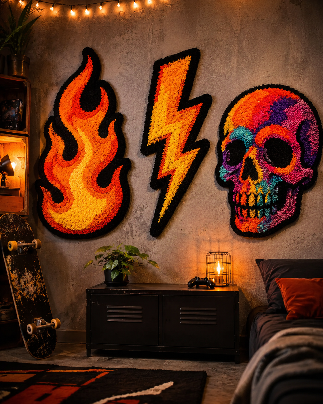 Tres piezas de tufting colgadas en una pared